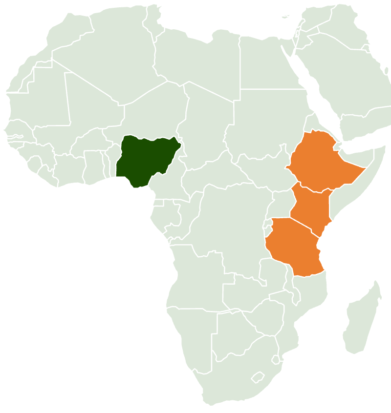 Map of Africa highlighting Nigeria in green, and Ethiopia, Kenya and Tanzania in orange